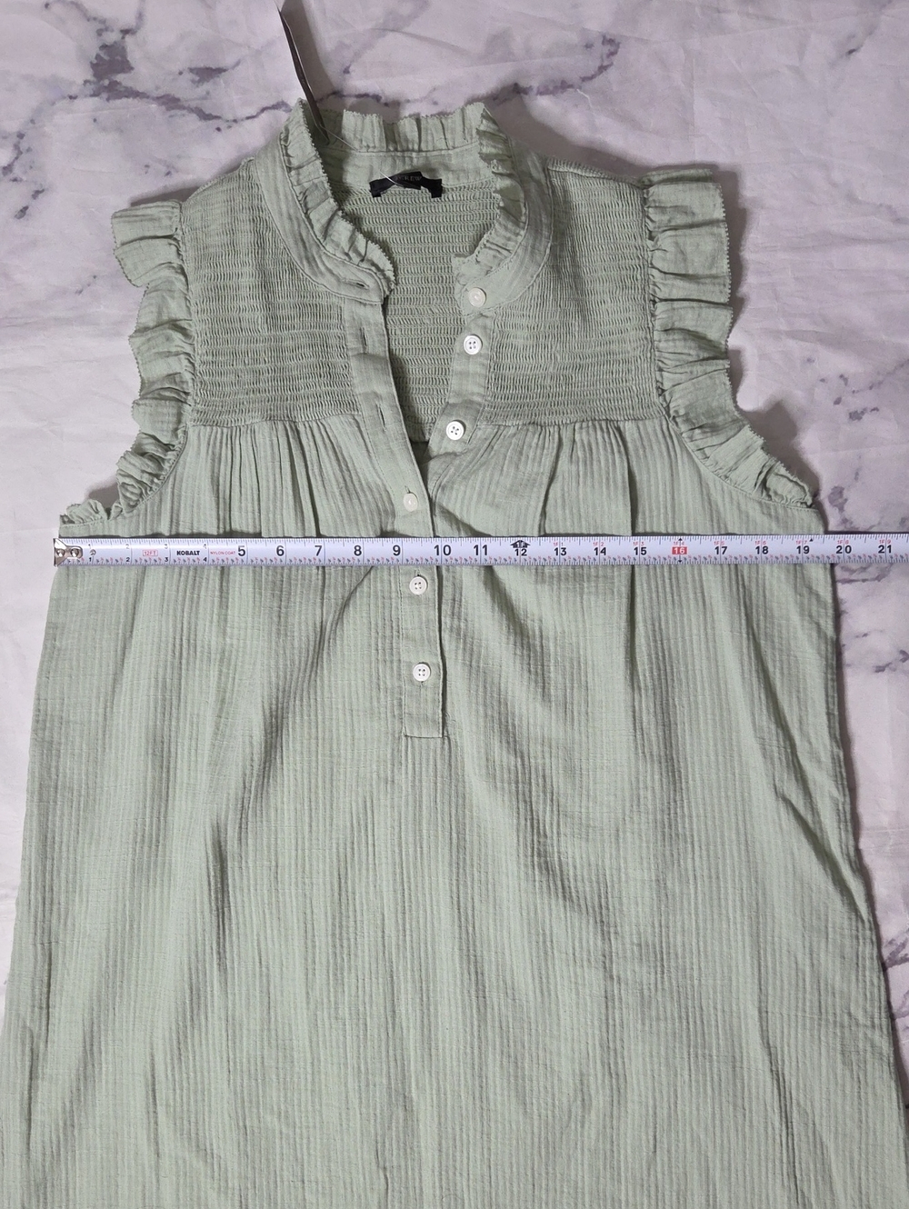 J. Crew Sage Green Cotton Smocked Ruffle Garden Placket Shift Dress - Picture 4 of 7